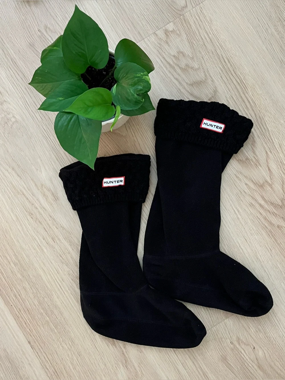 Hunter Women's Gloss Black Tall Rain Boots with Side Buckle and Matching Socks